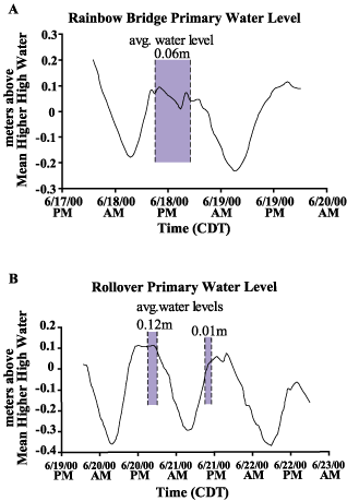 Water levels recorded at the (A) Rainbow Bridge and (B) Rollover Pass tide guages during the field investigations.