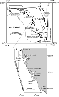Various coastal sectors of Florida shown in upper map. Lower map shows location of the study area within the northern part of the west-central Florida barrier-island chain.