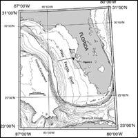 Bathymetric map of west Florida shelf and slope, which drops precipitously into the deep Gulf of Mexico along the Florida Escarpment.