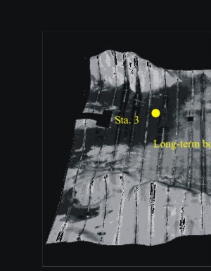 Figure 2. A sidescan sonar map (looking northward) depicting the bathymetry and locations of the two USGS long-term monitoring sites