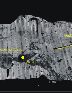 Figure 2. A sidescan sonar map (looking northward) depicting the bathymetry and locations of the two USGS long-term monitoring sites