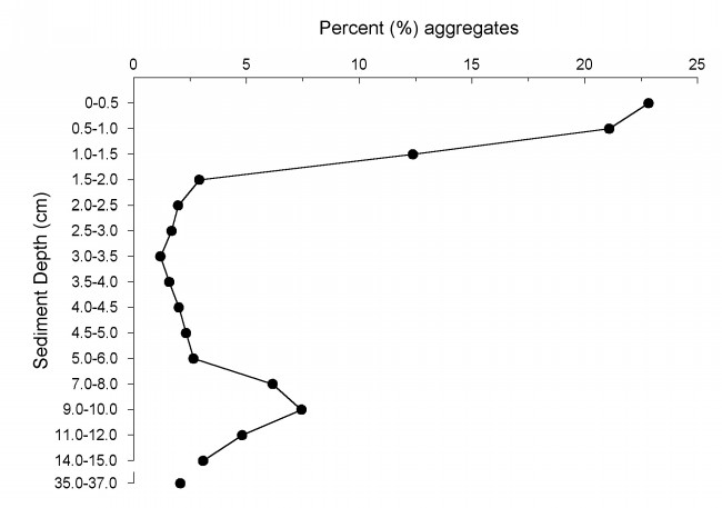 Figure 16 graph shows Sediment Depth centimeters (35.0-37.0 to 0-0.5)   by Percent Aggregates (0 to 25).