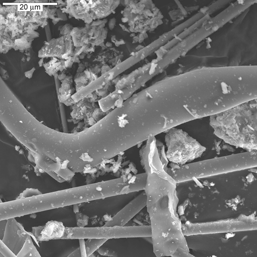Secondary electron image of typical glass fibers from sample  36.