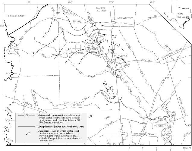 Map showing approximate water-level altitudes in the Jasper aquifer, greater Houston area, Texas, spring 2000