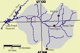 Illustration of Colorado River going through Utah, Colorado, Arizona and New Mexico (enlarged)