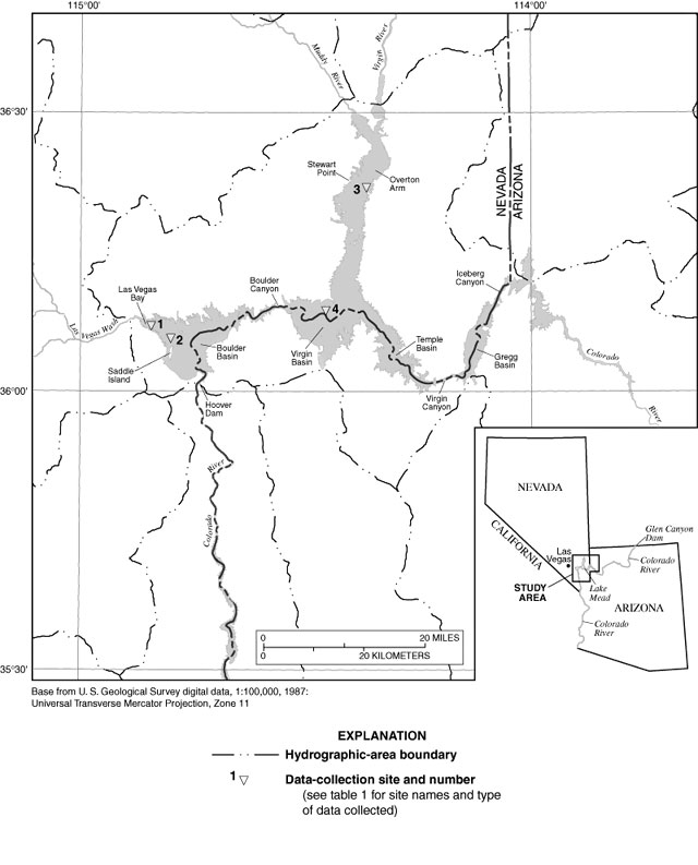 Map showing location of data-collection sites in Lake Mead, Nevada.