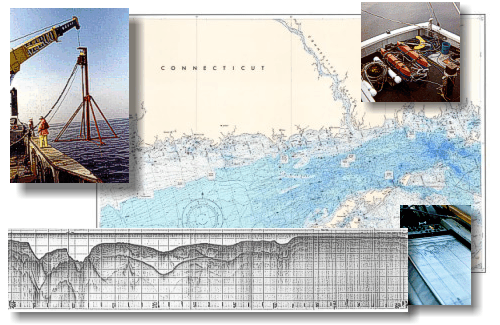 OFR02-002 cover image showing Long Island Sound map, geophysics equipment and seismic record.