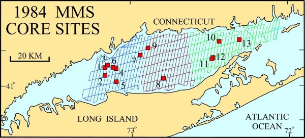 Map illustration: Location of MMS 84 cores collected during the Atlantic Twin 84-1 (AT84-1) cruise.  Core numbers are linked to preview images.