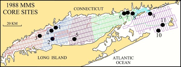 Map illustration: Location of MMS 88 cores collected during the Atlantic Twin 88-1 (AT88-1) cruise.  Core numbers are linked to preview images.