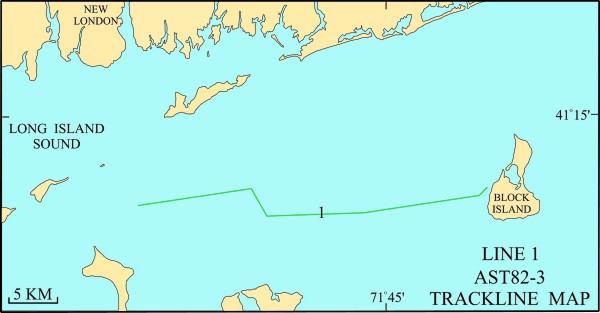 Map illustration: R/V ASTERIAS 82-3 tracklines in Eastern Long Island Sound and easternmost Long Island Sound.  Seismic line numbers linked to seismic preview images.