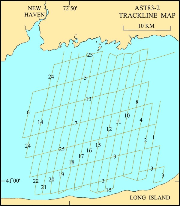 Map illustration: R/V ASTERIAS cruise 83-2 tracklines in East-Central Long Island Sound and easternmost Long Island Sound.  Larger map will open in new browser window.