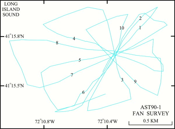 Map illustration: Trackline map of R/V ASTERIAS 90-1 Fan Survey in Northeastern Long Island Sound and easternmost Long Island Sound.  Seismic line numbers linked to seismic preview images.