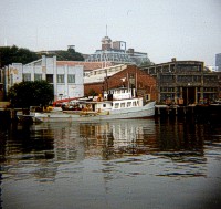 Thirty-foot "Alpine Geophysical Pneumatic Vibracorer" in travel position (lower leg folded up) along the starboard side of the RV Atlantic Twin.  Lower leg folds down into water before deployment (also at Staten Island, New York, AT-84-1).