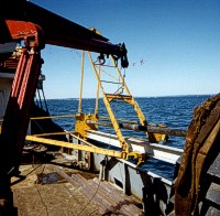 Vibracorer in horizontal position prior to deployment.  Once deployed the vibrating head rides down the aluminum I beam, and the core is taken through the hole in the base plate to the left. Pictures below show the core cutter protruding through the base plate.        