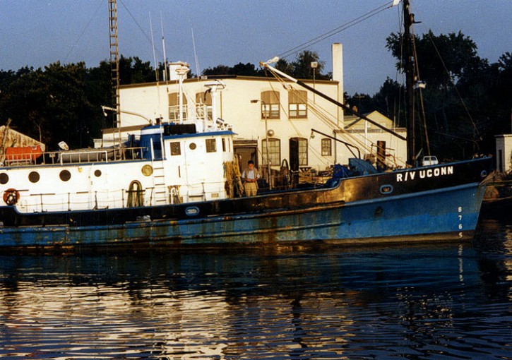 RV UCONN at the dock in Noank, CT.   Robert N. ("Bob") Oldale (USGS) is standing on the UCONN deck to bid farewell to the RV ASTERIAS as it departs for day two of cruise AST 90-1.