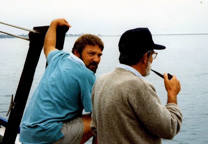 Bob Oldale and Ken Parolski (both with USGS) enjoying a flat calm first day during cruise AST 90-1.