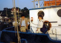 Bob Oldale and Janet Radway Stone (both from USGS) on the deck of the RV UCONN at 06:45 hrs.  Janet is raring to board the RV ASTERIAS for day two of Cruise AST 90-1 (see picture E5 for the rest of the story).