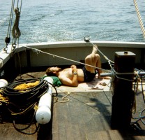 Ken Parolski (marine seismic specialist, USGS) keeps a sharp eye on the weather aboard the RV ASTERIAS.