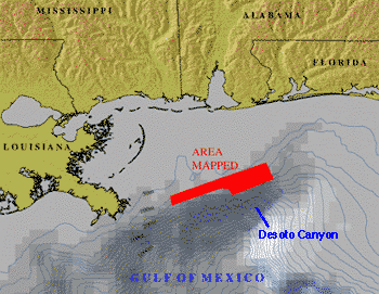  [Gulf of Mexico location map showing the 2000 multibeam sonar survey off Mississippi and Alabama ]  