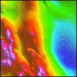 A 10 by 10 km detail of the decorrugated aeromagnetic map. Intensities range from -333 (deep blue) to 923 nT (magenta)