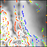 Grayscale detail of the horizontal gradient magnitude of the reduced-to-pole aeromagnetic map with color-coded depth estimates