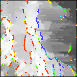 Grayscale detail of the terraced reduced-to-pole aeromagnetic map with color-coded depth estimates