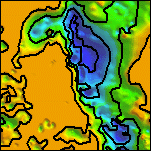 Detail of a surface gridded from the depth estimates, and representing the minimum depth to magnetic sources