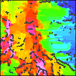 Detail of the reduced-to-pole aeromagnetic map with analytic signal contact locations superimposed