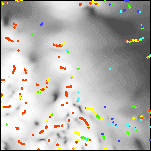 Grayscale detail of the analytic signal amplitude of the decorrugated aeromagnetic map with color-coded depth estimates