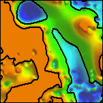Detail of a surface gridded from the depth estimates, and representing the minimum depth to magnetic sources