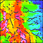 Detail of the reduced-to-pole aeromagnetic map with local wavenumber contact locations superimposed