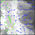 Grayscale detail of the reduced-to-pole aeromagnetic map with color-coded depth estimates