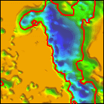 A 10 by 10 km detail of the surface gridded from the reliable (15% standard errors or less) horizontal gradient depth estimates, with the 200 meter contour highlighted in red