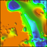 Detail of the surface gridded from the reliable (15% standard errors or less) analytic signal depth estimates, with the 200 meter contour highlighted in green