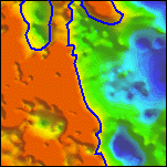 Detail of the surface gridded from the reliable (15% standard errors or less) local wavenumber depth estimates, with the 200 meter contour highlighted in blue