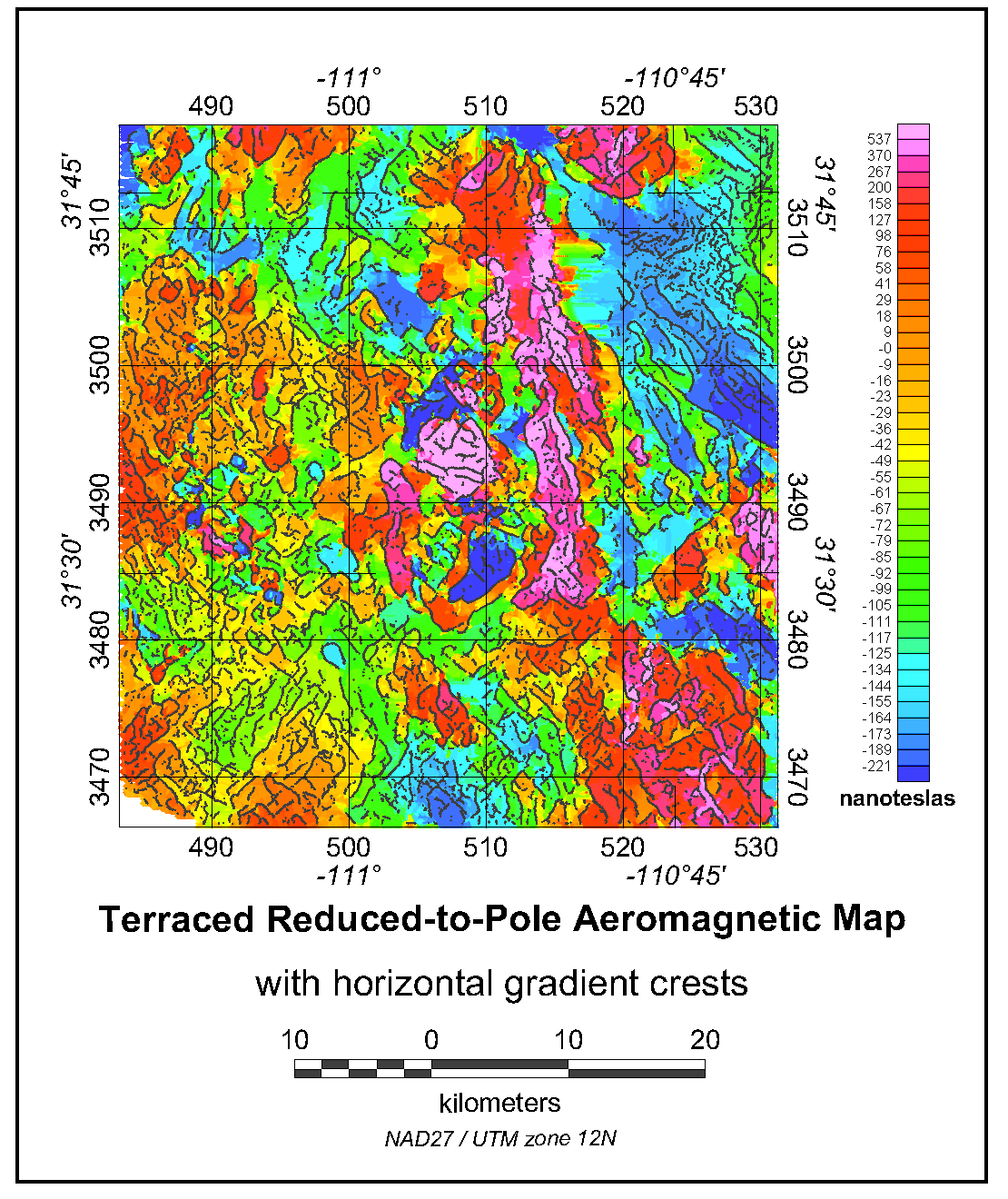 Detail of the terraced reduced-to-pole aeromagnetic map with horizontal gradient contact locations superimposed.
