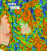 Minimum magneticsource depth estimates overlain by volcanic outcrops. TheBlack line indicates the estimated extent of the volcanic flows of the Tumacacori Mountains
