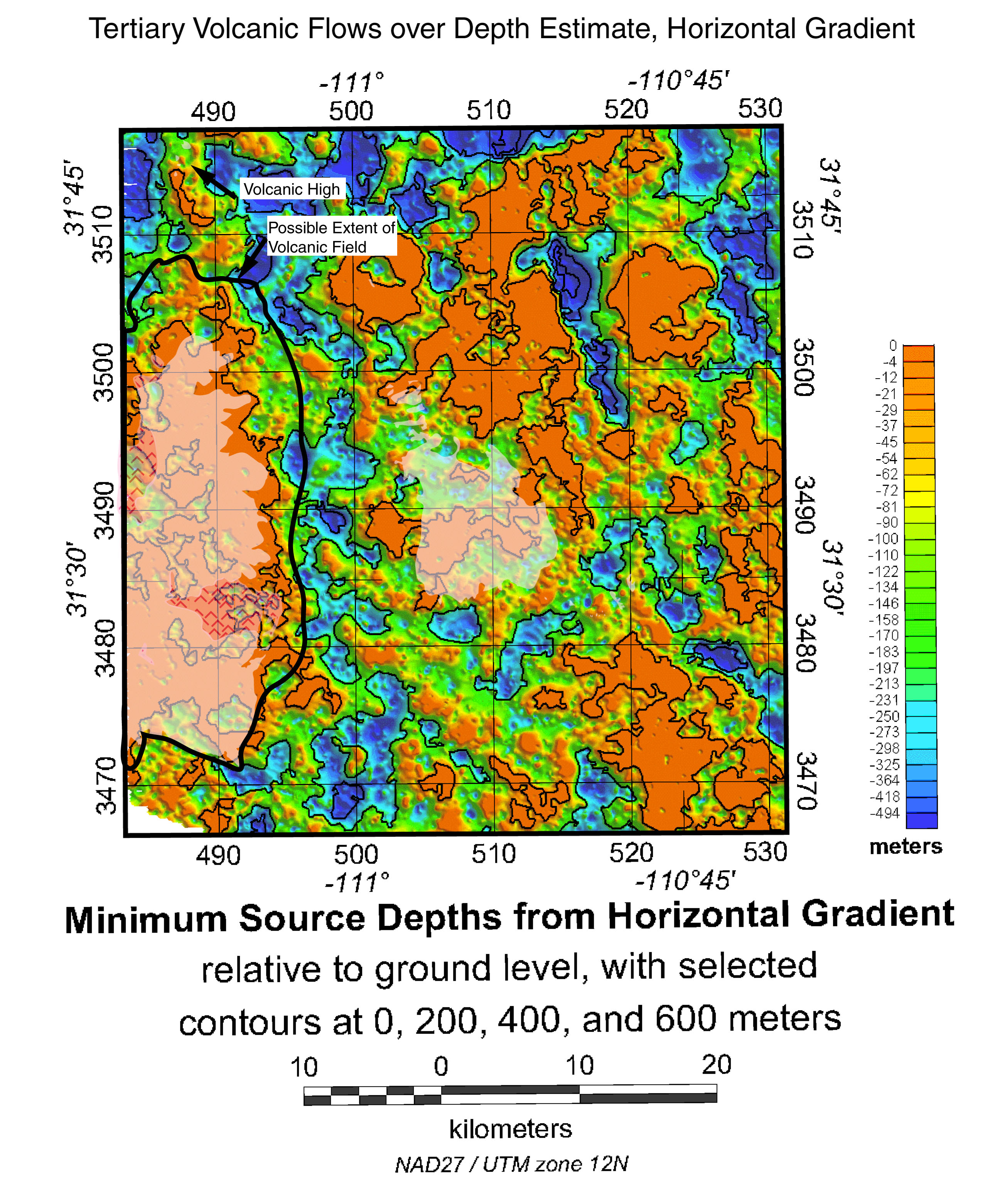 Tertiary volcanic flows over depth estimate, horizontal gradient