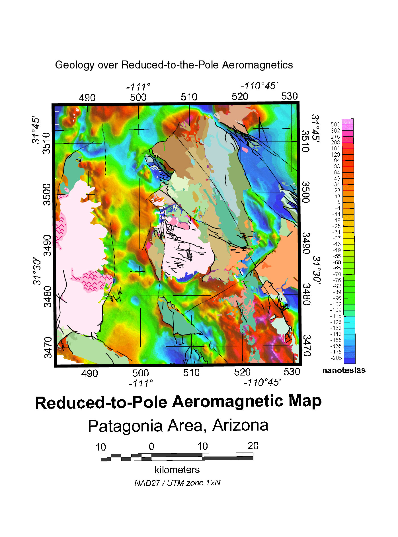 Geology over Reduce-to-the-Pole Aeromagnetics