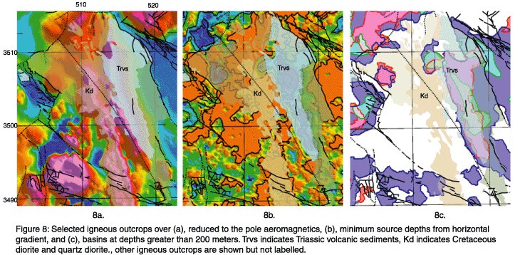 Three images showing selected igneous outcrops over aeromagnetic data, minimum source depths, and basins greater than 200 meters
