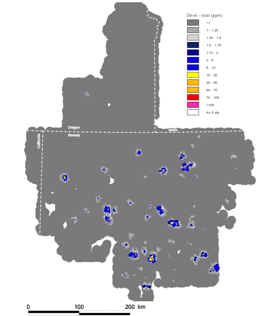 map, spatial distribution of the elemental concentration of silver, analyzed via the ICP-40 method, with the Mesozoic cratonal margin and the approximate extent of Tertiary volcanic cover shown