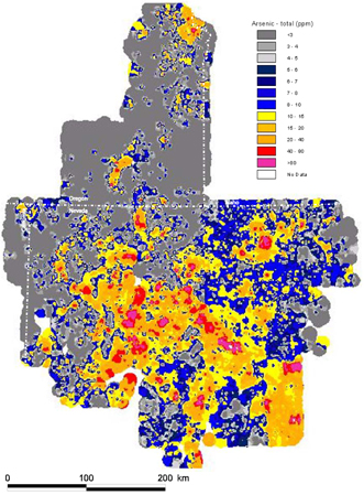 map, concentration of arsenic over study area for new analysis