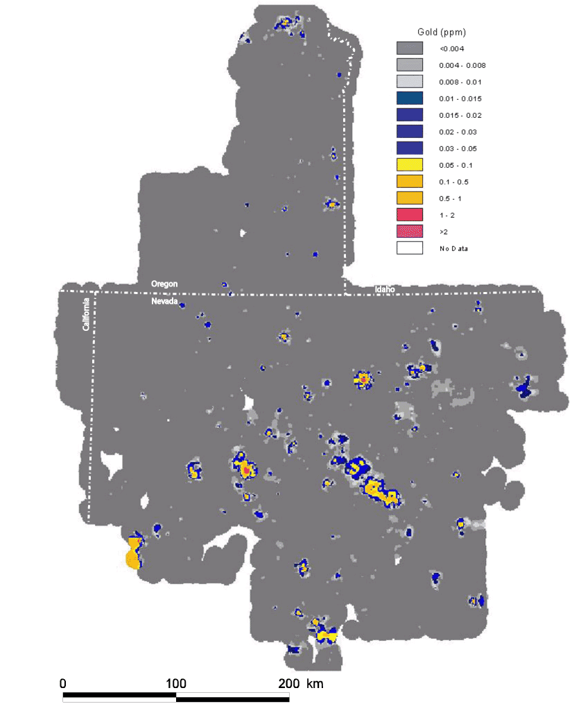 map, spatial distribution of the elemental concentration of gold, analyzed via the graphite furnace-atomic adsorption method, with the Mesozoic cratonal margin and the approximate extent of Tertiary volcanic cover shown