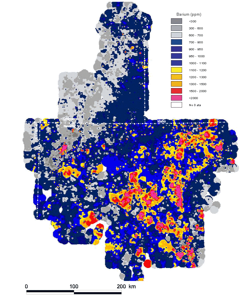 map, spatial distribution of the elemental concentration of barium, analyzed via the ICP-40 method, with the Mesozoic cratonal margin and the approximate extent of Tertiary volcanic cover shown