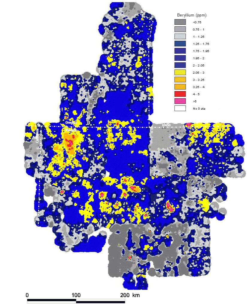 map, spatial distribution of the elemental concentration of beryllium, analyzed via the ICP-40 method, with the Mesozoic cratonal margin and the approximate extent of Tertiary volcanic cover shown