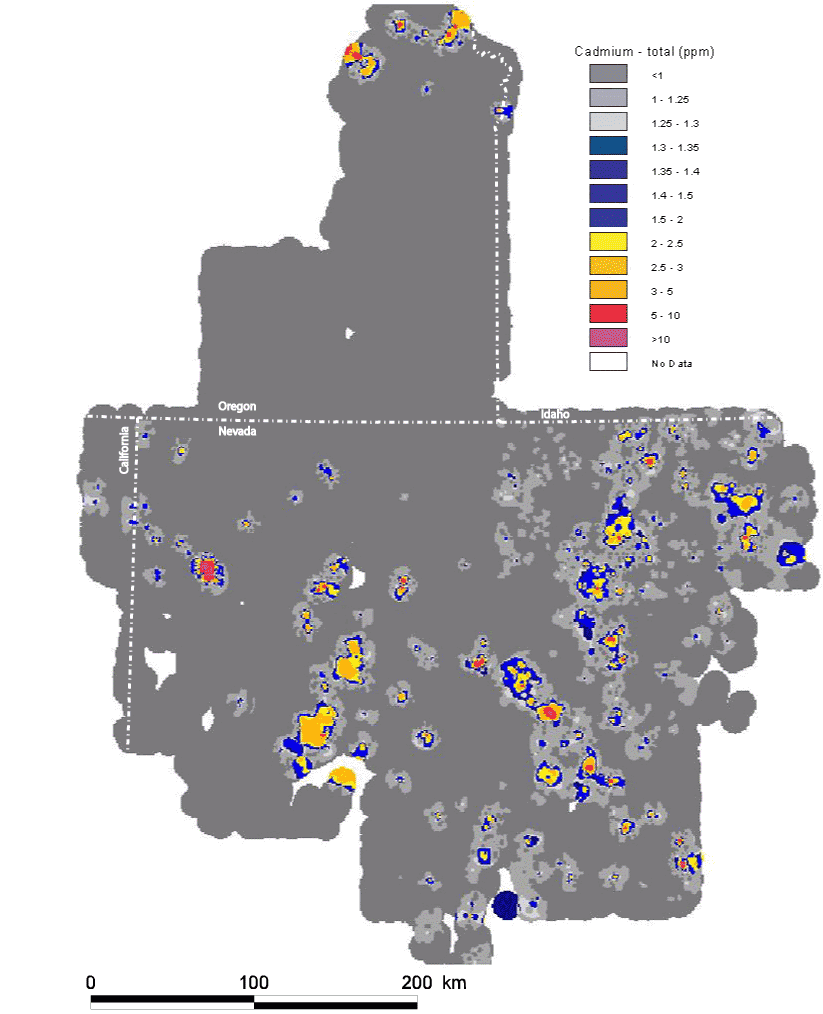 map, spatial distribution of the elemental concentration of cadmium, analyzed via the ICP-40 method, with the Mesozoic cratonal margin and the approximate extent of Tertiary volcanic cover shown