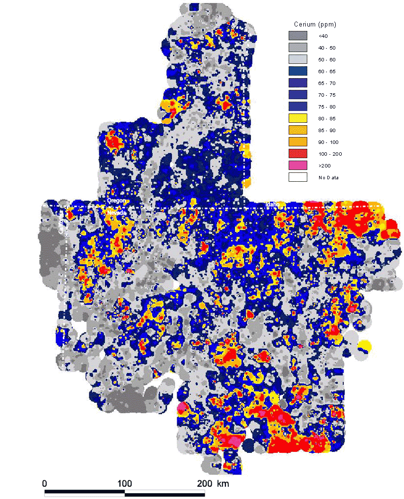 map, spatial distribution of the elemental concentration of cerium, analyzed via the ICP-40 method, with the Mesozoic cratonal margin and the approximate extent of Tertiary volcanic cover shown