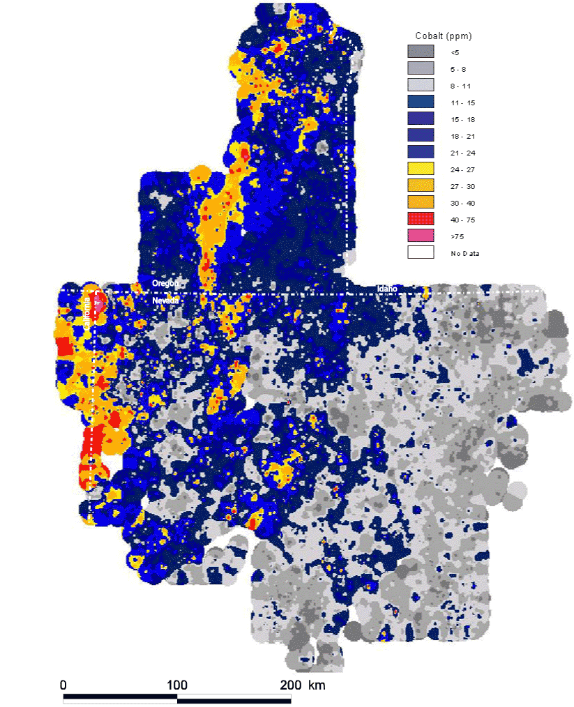 map, spatial distribution of the elemental concentration of cobalt, analyzed via the ICP-40 method, with the Mesozoic cratonal margin and the approximate extent of Tertiary volcanic cover shown