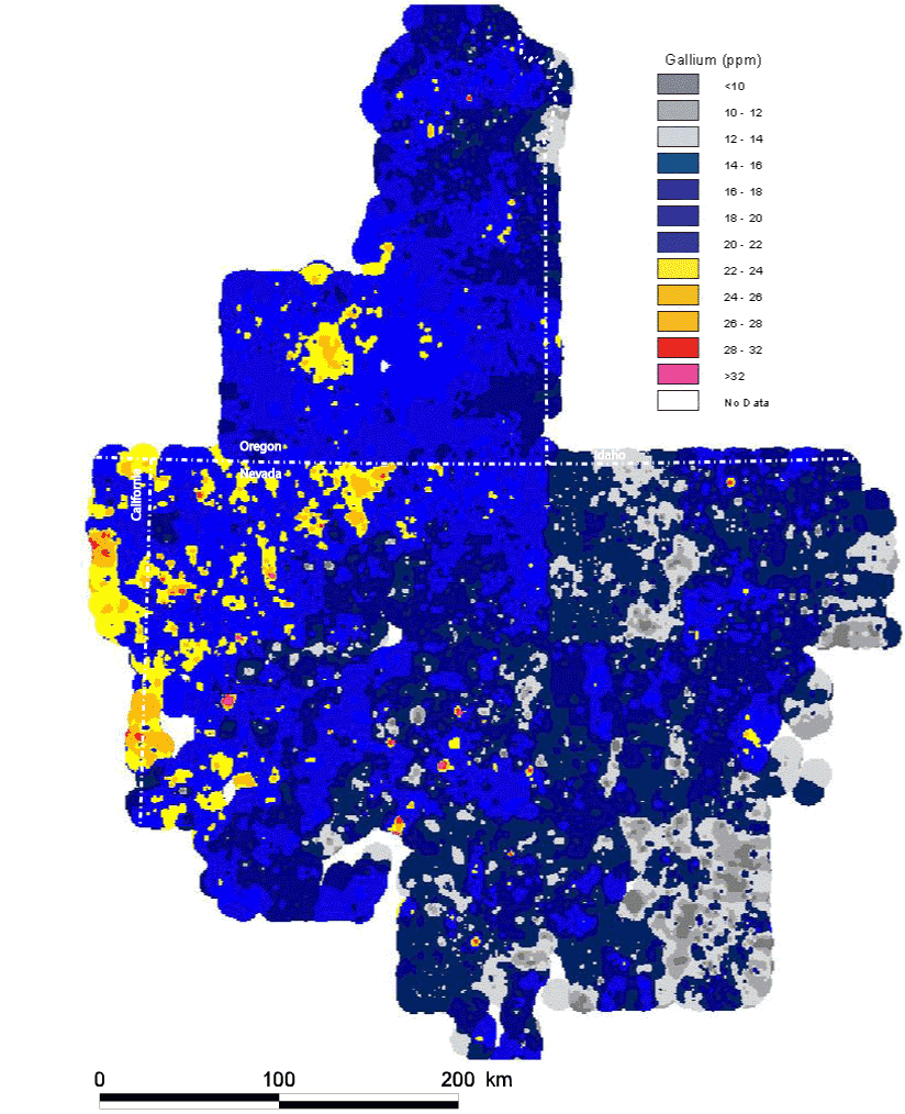 map, spatial distribution of the elemental concentration of gallium, analyzed via the ICP-40 method, with the Mesozoic cratonal margin and the approximate extent of Tertiary volcanic cover shown