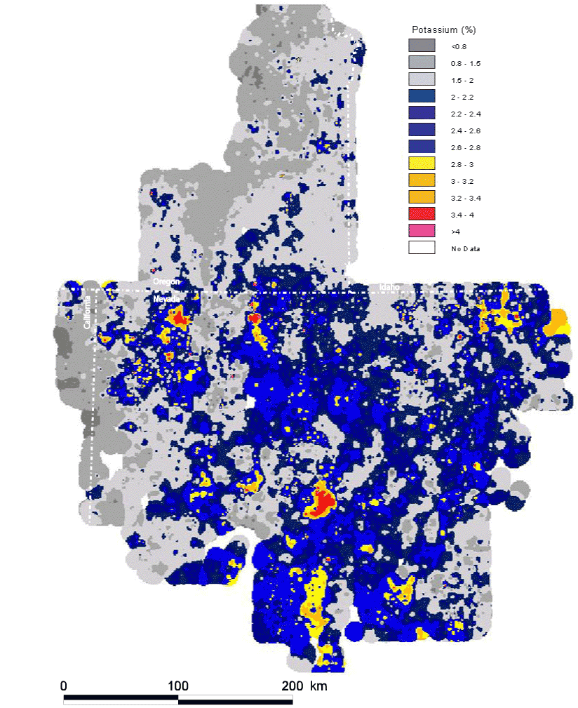map, spatial distribution of the elemental concentration of potassium, analyzed via the ICP-40 method, with the Mesozoic cratonal margin and the approximate extent of Tertiary volcanic cover shown